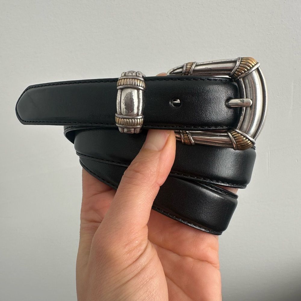 Vintage Fossil Black Leather Western Belt Two Tone Gold & Silver Buckle Size L